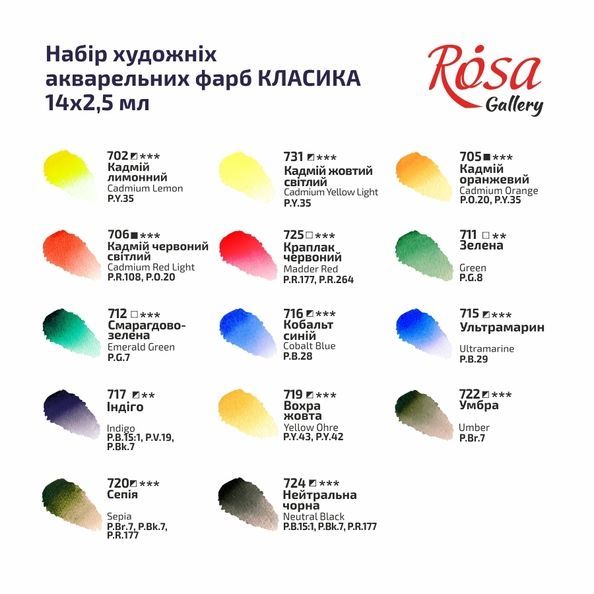 Набір акварельних фарб CLASSIC, 14*2,5мл, кювета, Індіго метал. пенал, ROSA Gallery 340014 фото