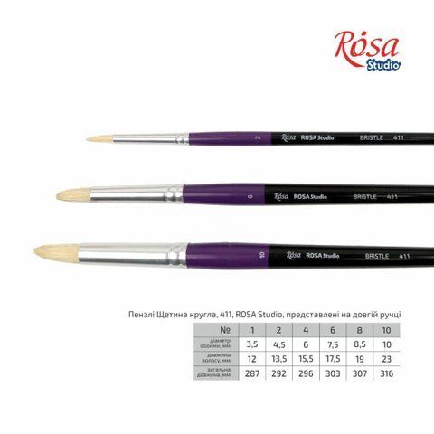 Пензель щетина кругла 411 №8 довга ручка ROSA Studio 4823098506799 фото