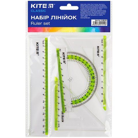 Набір Kite Classic K-280-09: лінійка 15 см, 2 косинця, транспортир (салатова смуга) K-280-09 фото