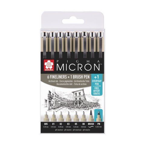 Набір лінерів PIGMA MICRON 6шт, 1 лінер-пензель Pigma Brush + PIGMA Micron PN В ПОДАРУНОК, Sakura POXSDK8S фото