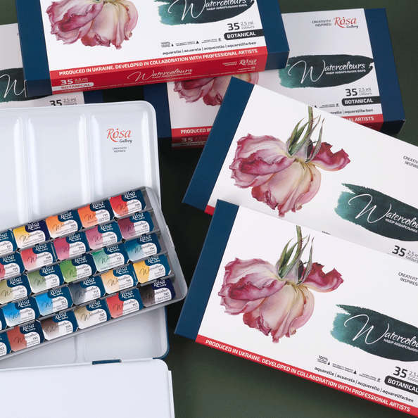 Набір акварельних фарб BOTANICAL, 35*2,5мл, кювета, Індіго метал. пенал, ROSA Gallery 340235 фото