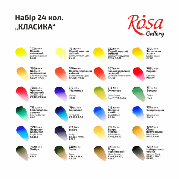 Набір акварельних фарб "Класика", 24 кол., кювета, картон, ROSA Gallery 340124 фото