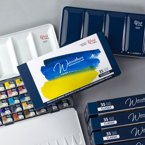Набір акварельних фарб CLASSIC, 35*2,5мл, кювета, Індіго метал. пенал, ROSA Gallery 340035 фото